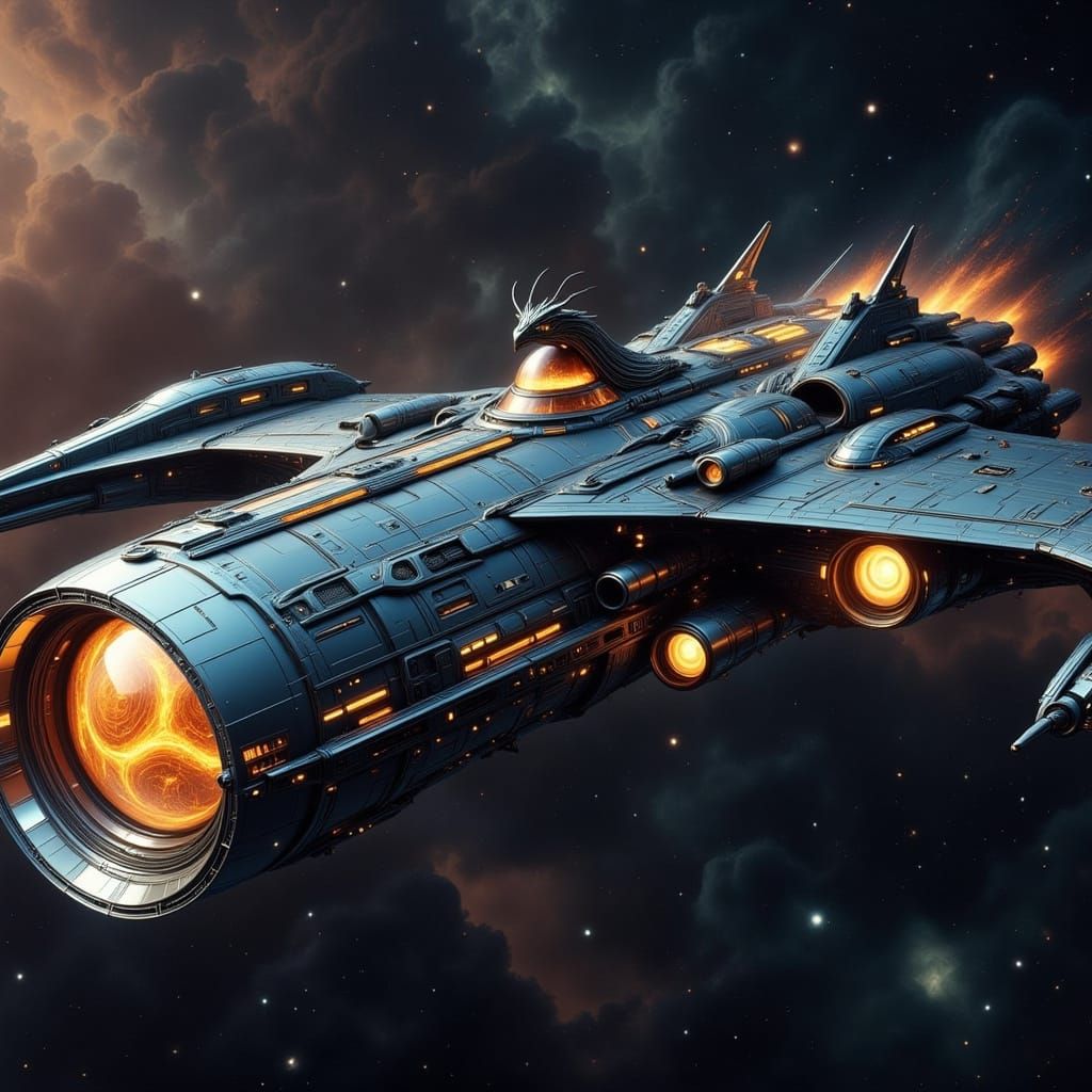Dragon-Head Spaceship with Powerful Engines in Sci-Fi Style