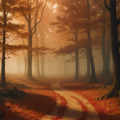 Peaceful Autumn Forest Path in Warm Golden Light
