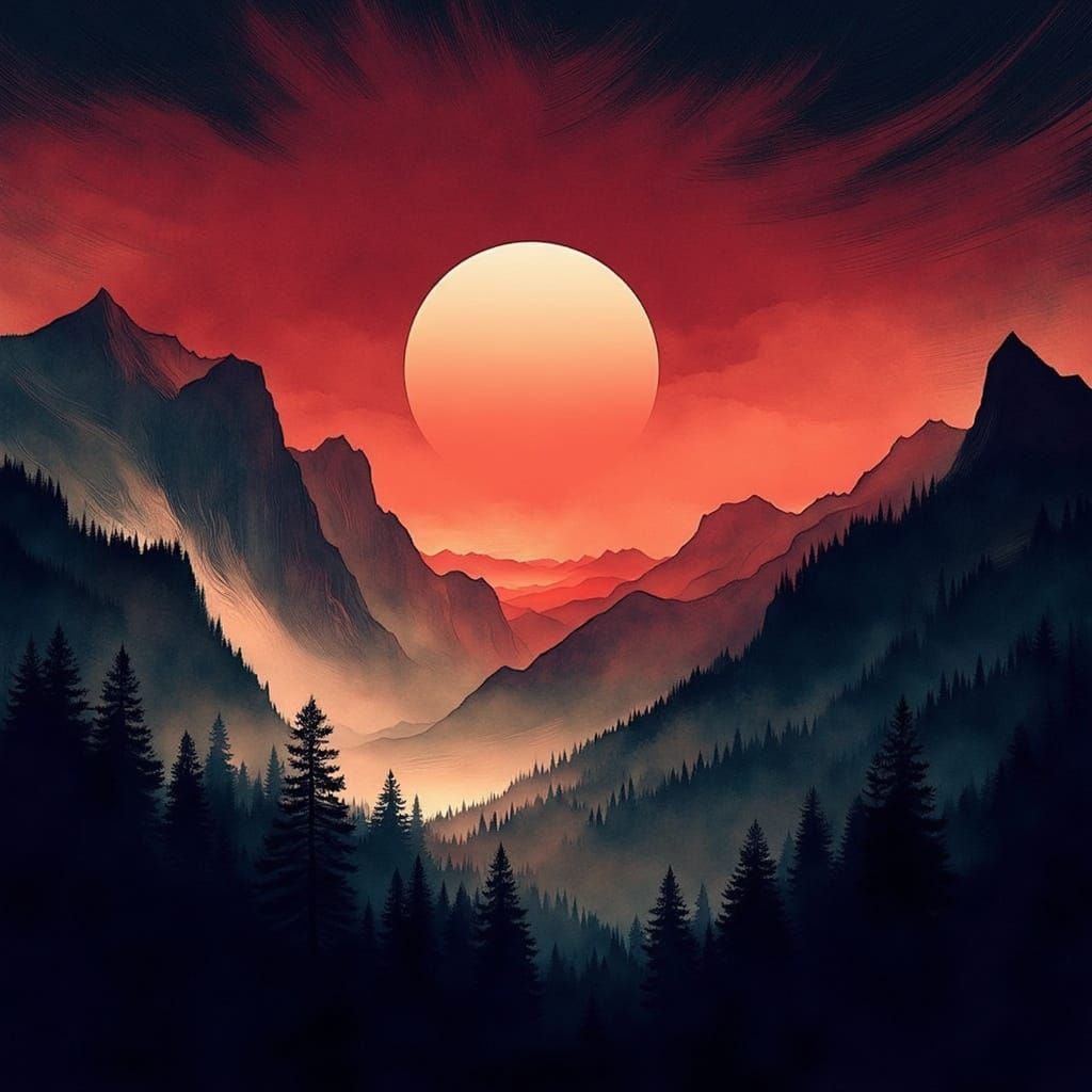 Ethereal Mountainscape at Dusk in Digital Painting Style