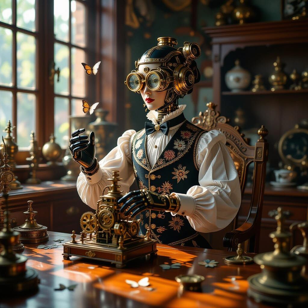 Victorian Automaton Crafts Clockwork Butterflies, Art Nouvea...