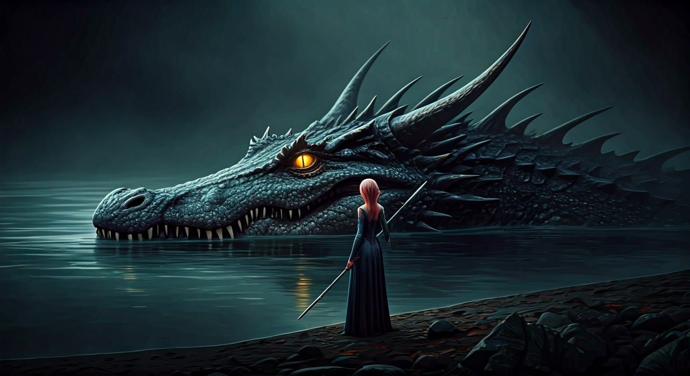 Dragon Watches Sorceress: Gloomy Fantasy Art