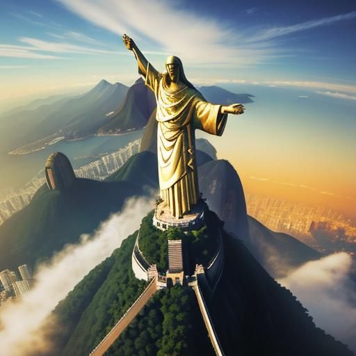Christ the Redeemer on top of the mountain in Rio de Janeiro blessing everyone, https://creator.nightcafe.studio/creatio...