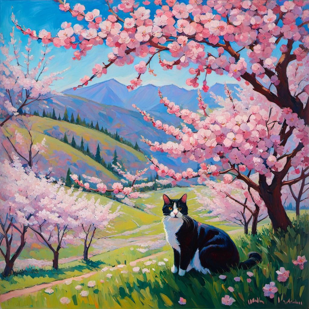 Cherry Blossoms and Cat as Impasto Painting