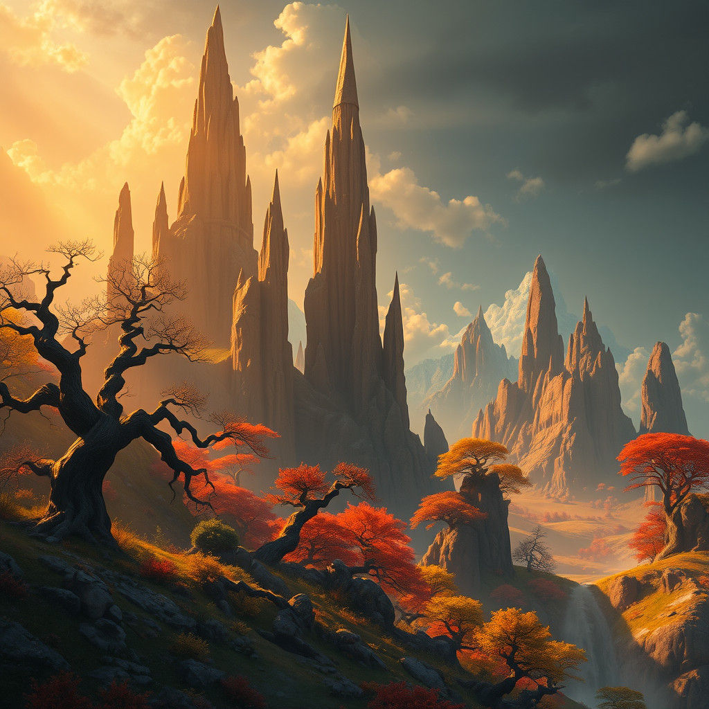 Fantastical Landscape with Spires in Matte Painting Style