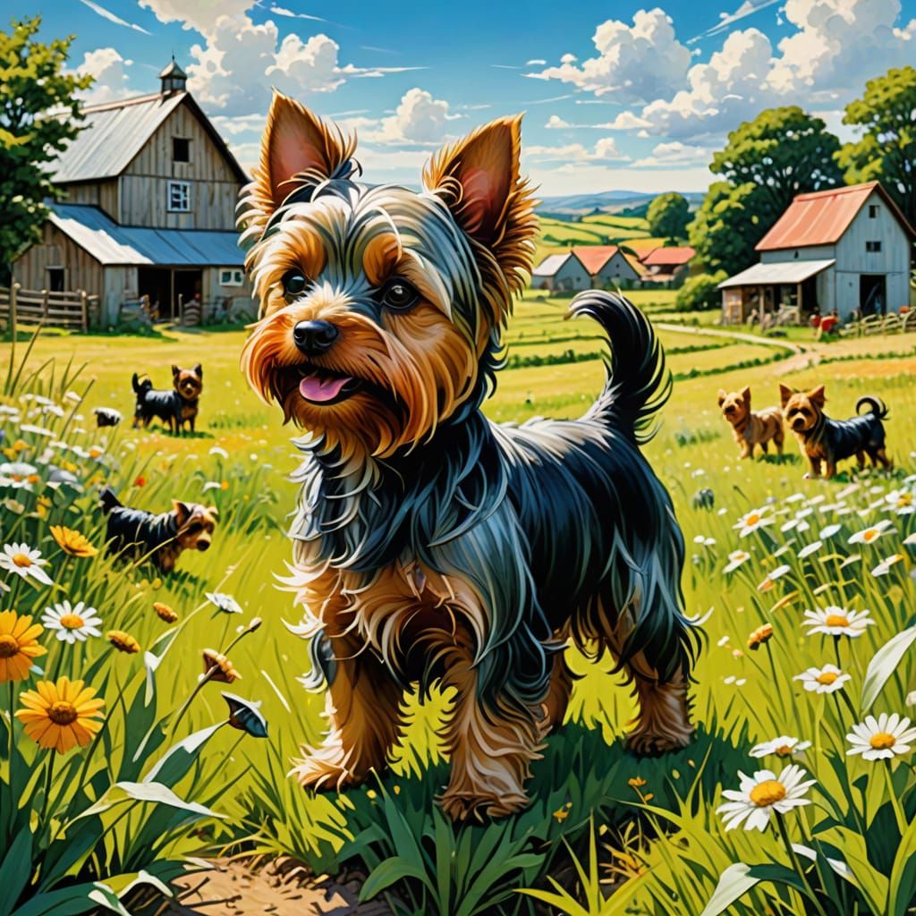 Yorkshire Terrier Plays on Summer Farm