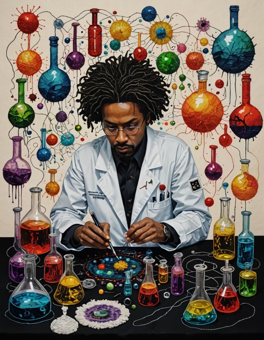 Surreal Physicist in Laboratory with Embroidered Details