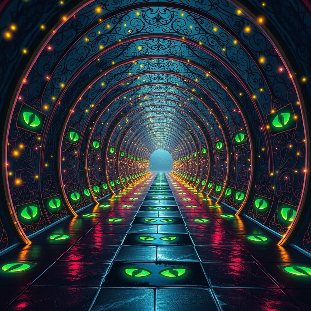 Surreal hallway with green eyes 2