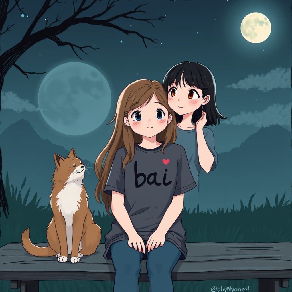 Cat Girl and Wolf Girl Stare at the Moon on a Bench