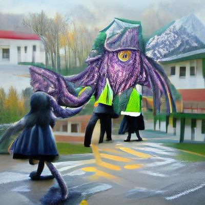 Cthulhu as Crossing Guard, Hyperdetailed Action Painting