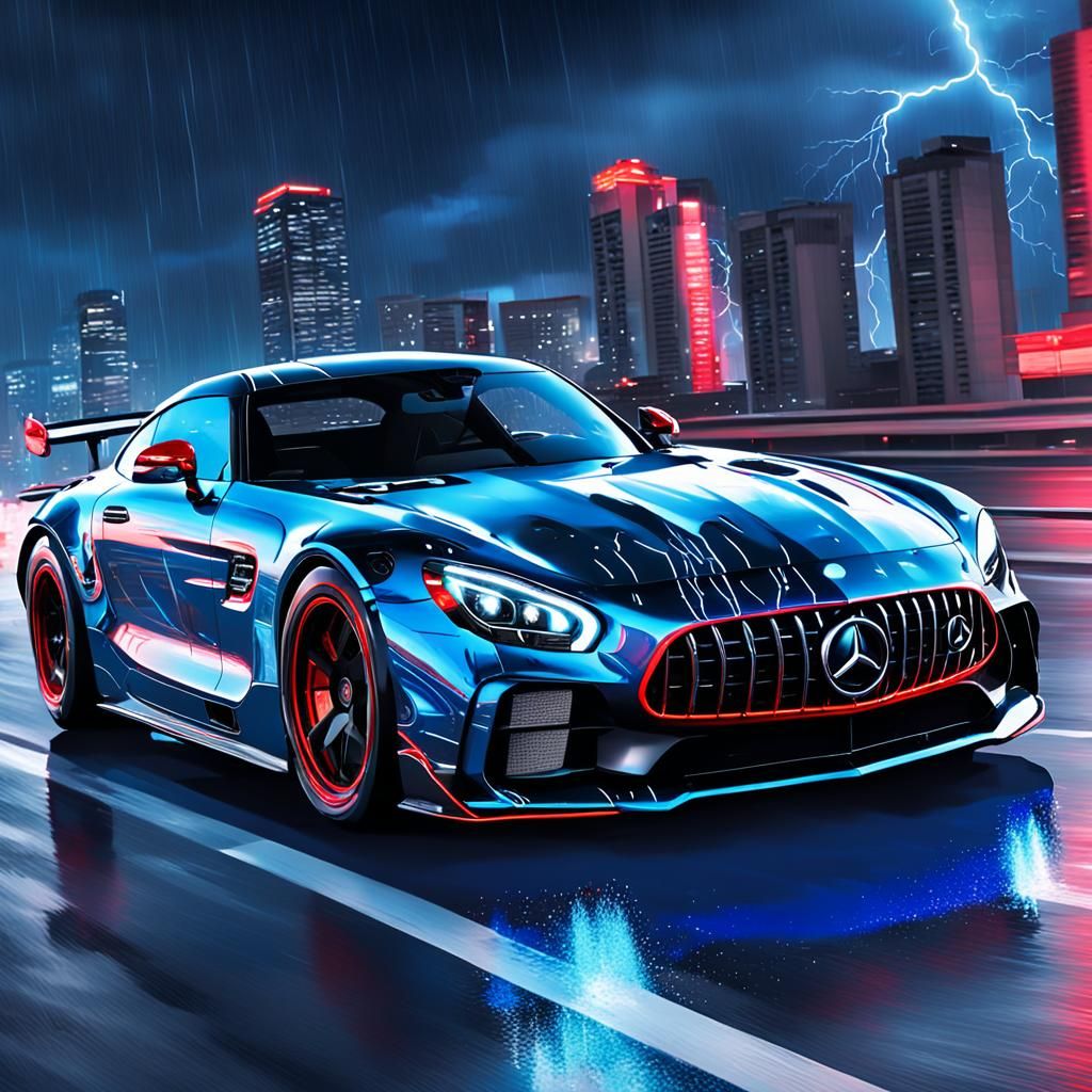 Mercedes GTR in Stormy Cityscape: Cosmic Illustration