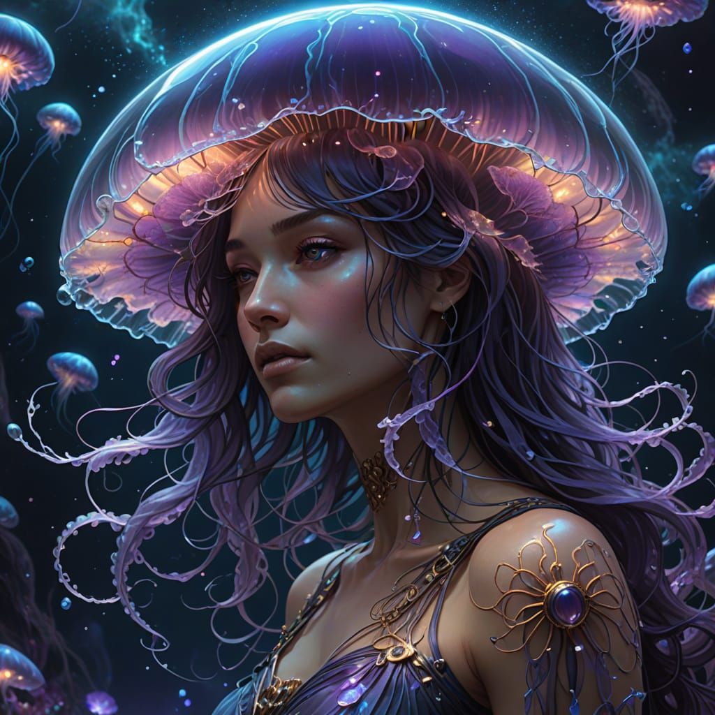 Bioluminescent Jellyfish Goddess in Cosmic Dark Fantasy Art