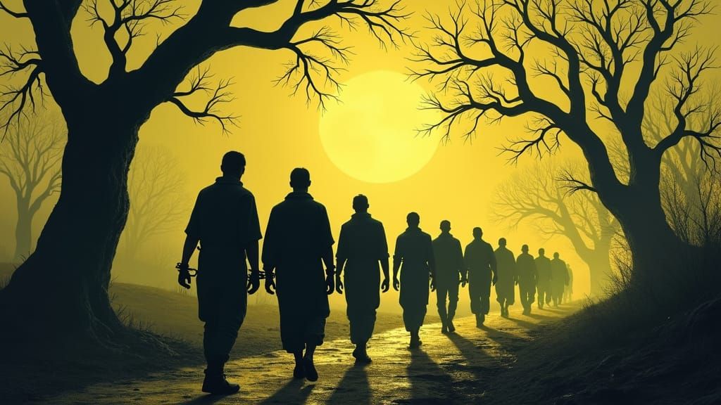 Prisoner Procession in Gothic Mystical Landscape