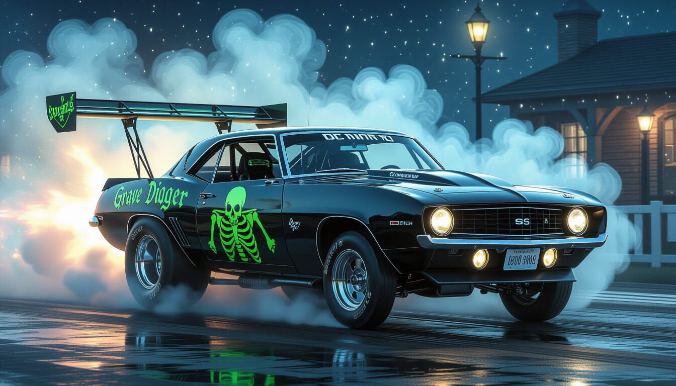 1969 Camaro Dragster with Skeleton Decals and Blooming Parac...