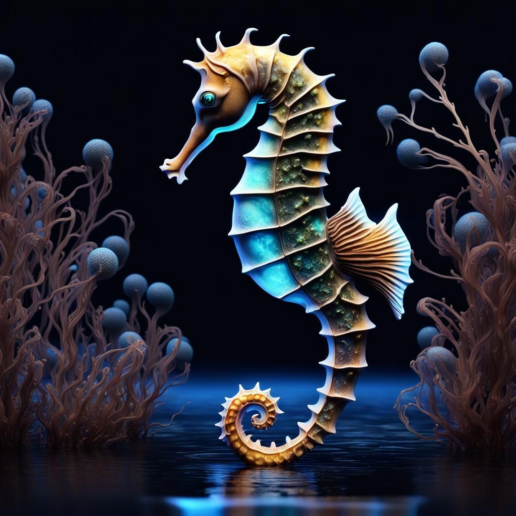 Holographic Seahorse Under Blue Moon, Digital Art