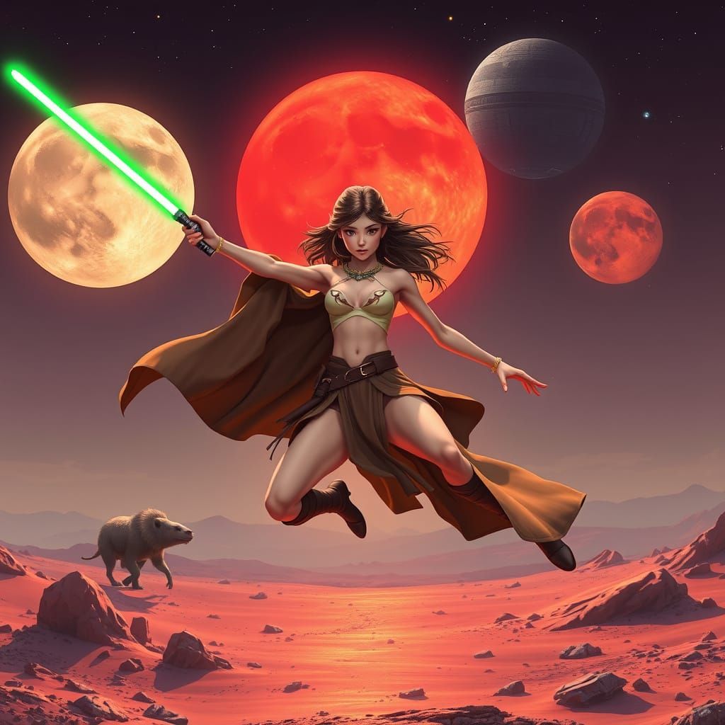 Woman Jedi Leaping on Tatooine in Anime Style