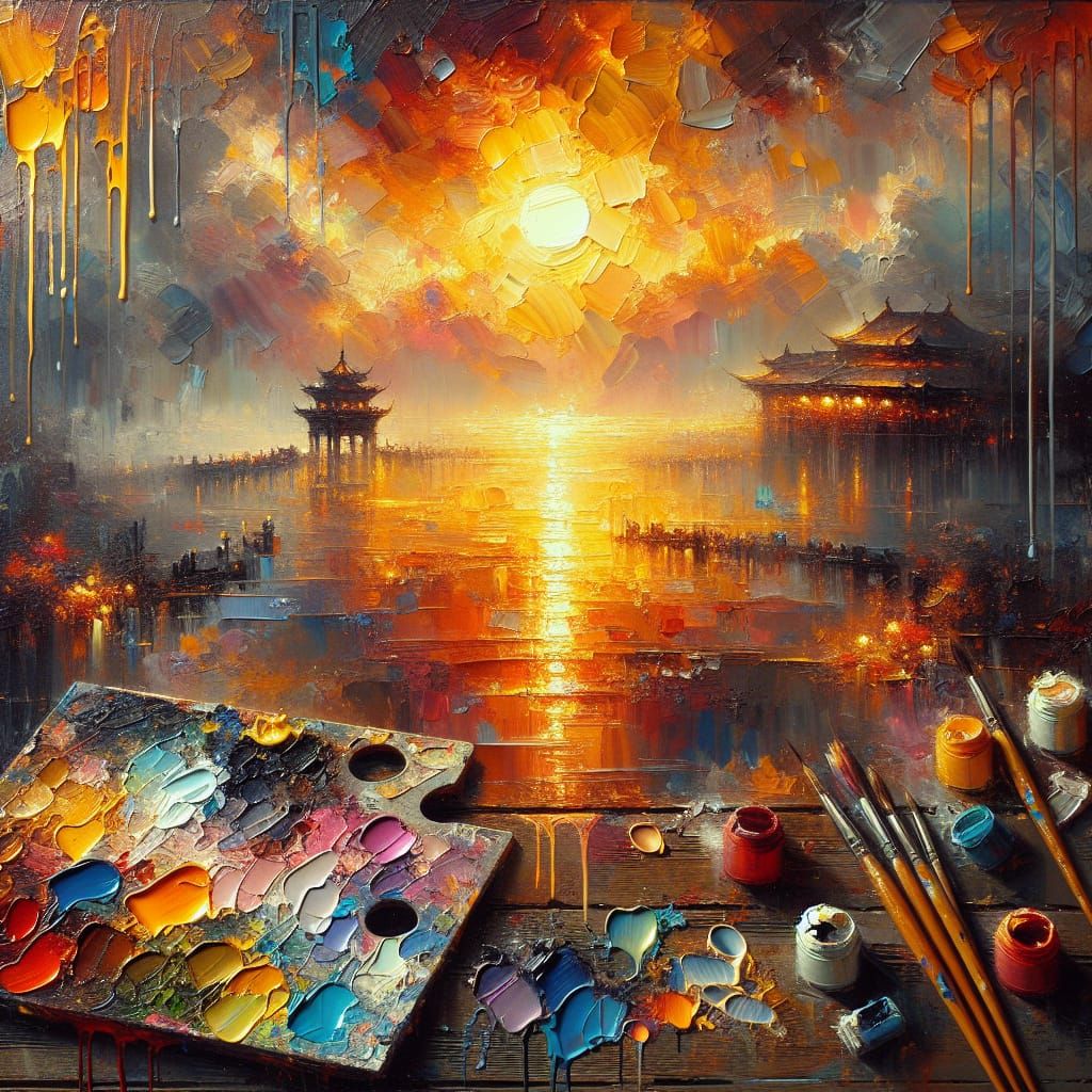 Oriental Hues Diffused on Water as Impasto Painting