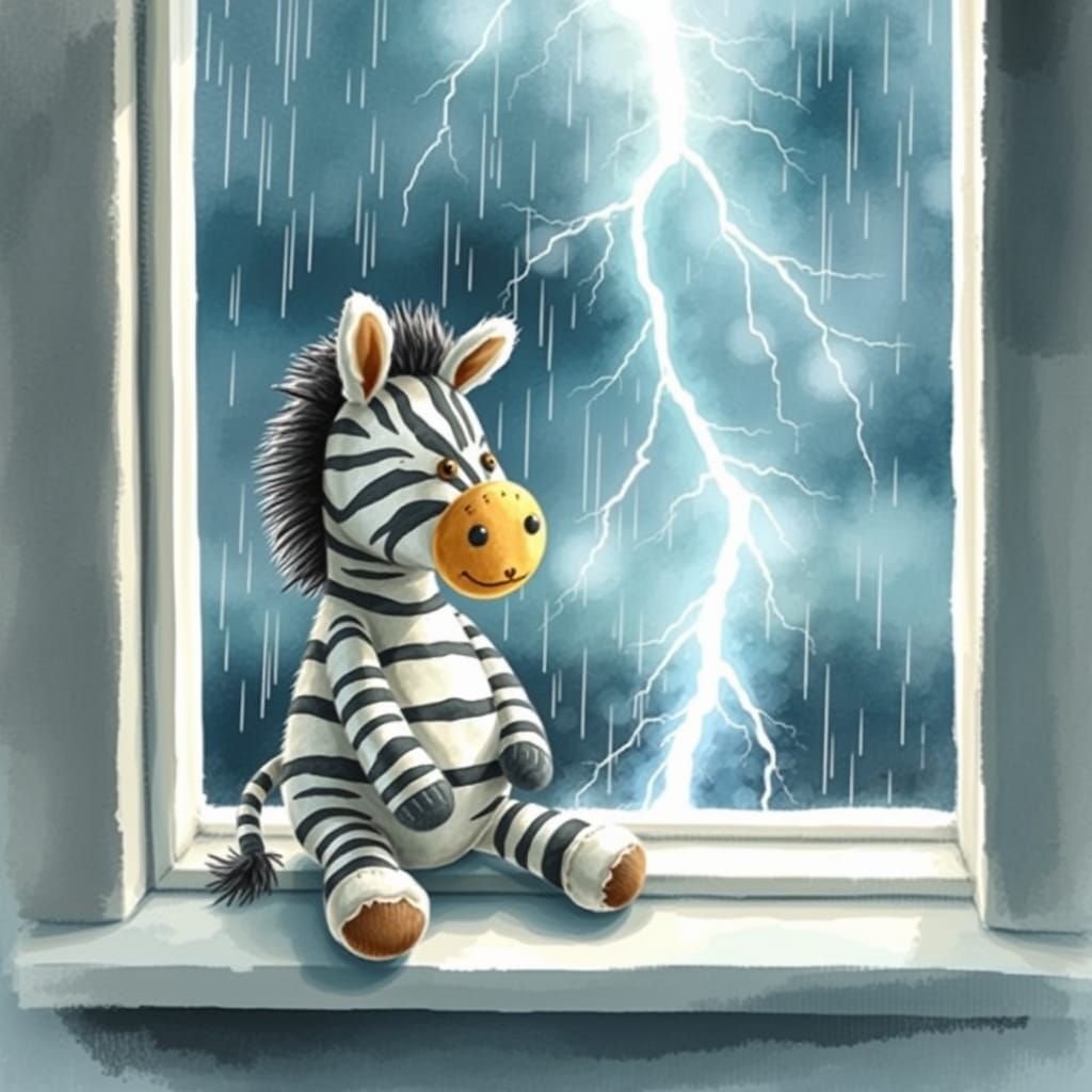 Stuffed Zebra on Windowsill During Thunderstorm