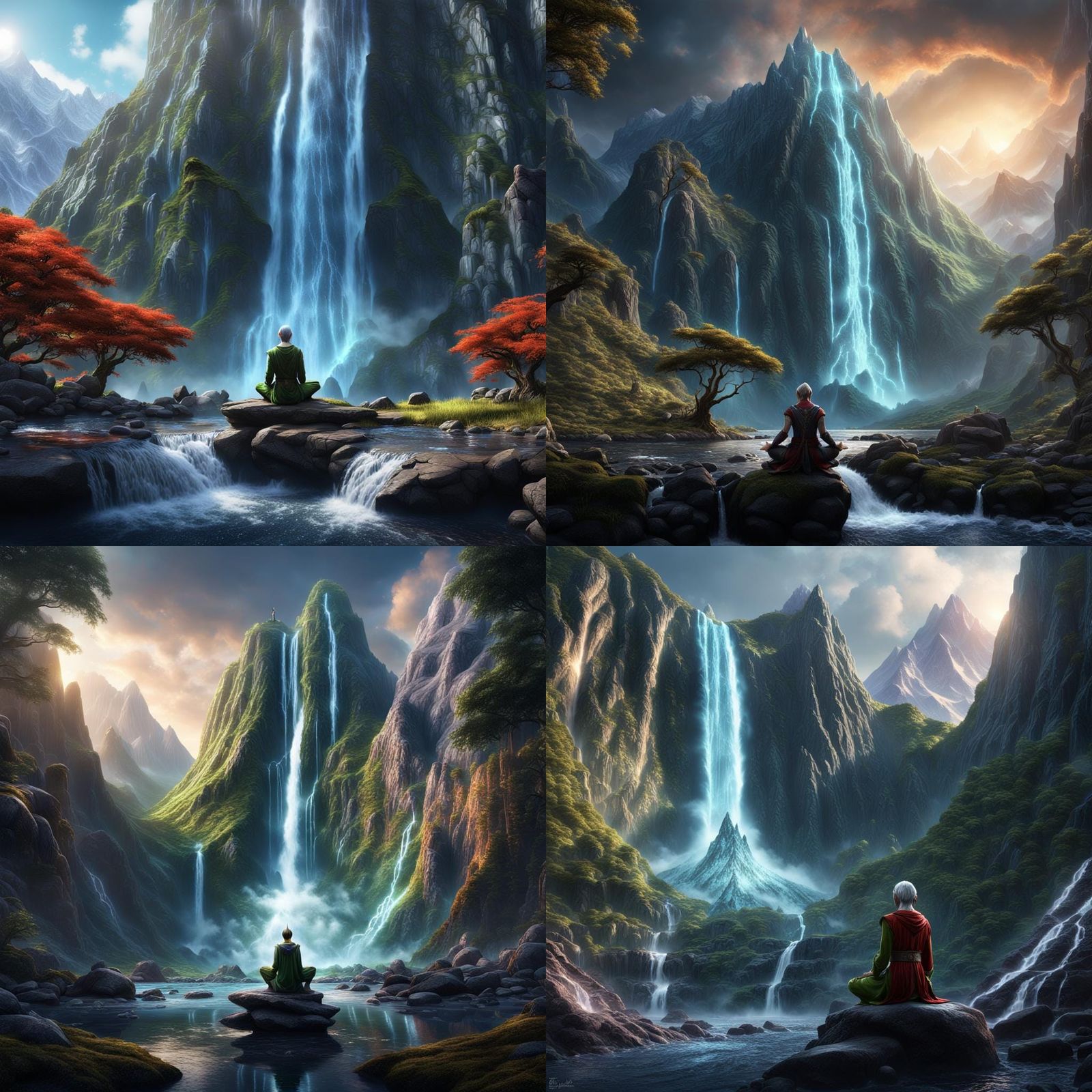 Meditating Elf at Mountain Waterfall