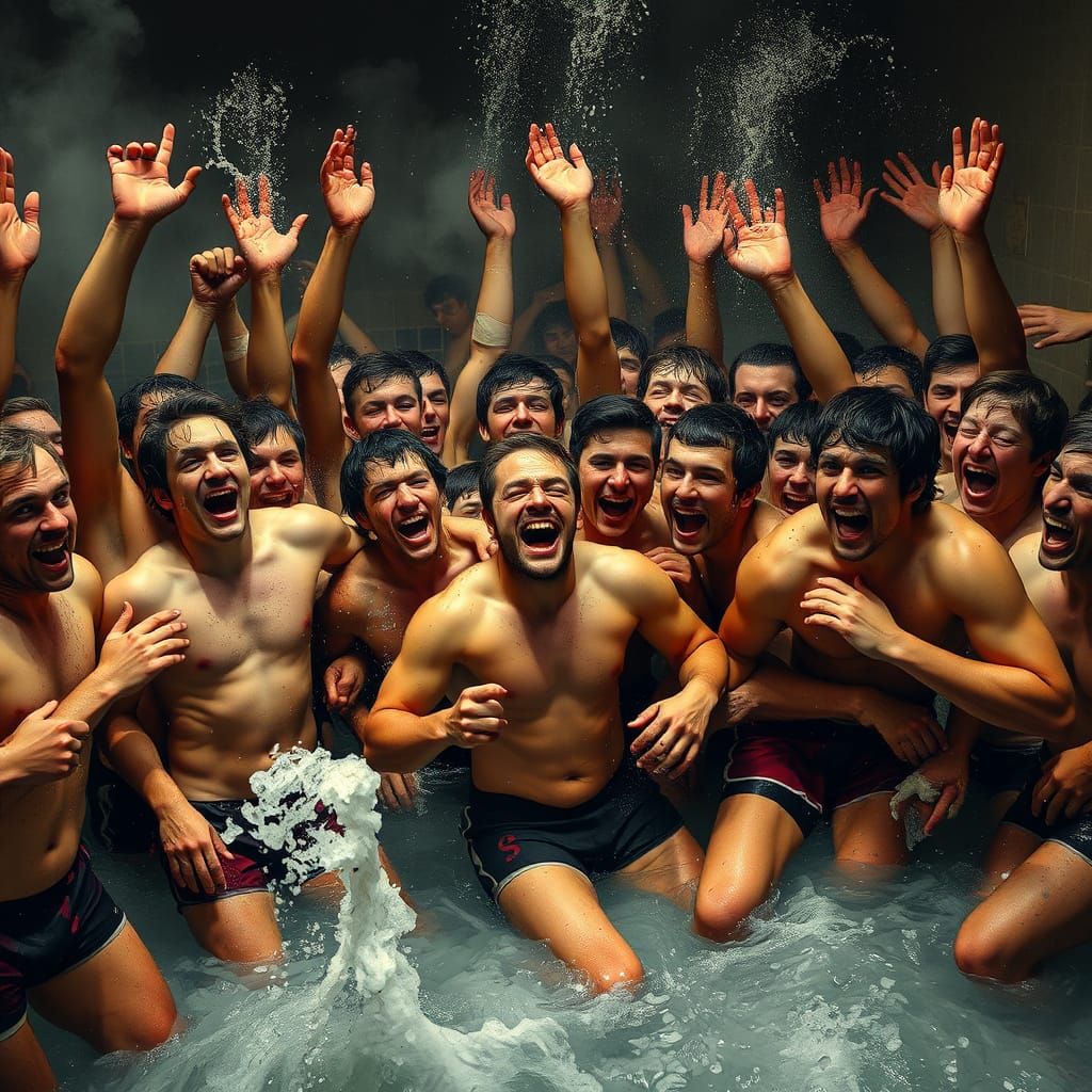 Rugby Team Celebrates in a Sweltering Bathhouse