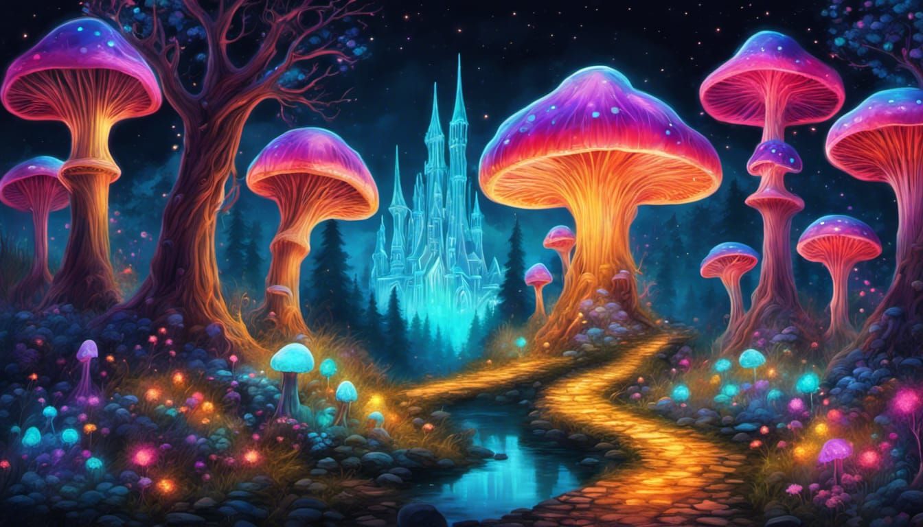 Bioluminescent Crystal Castle Under a Shimmering Moon