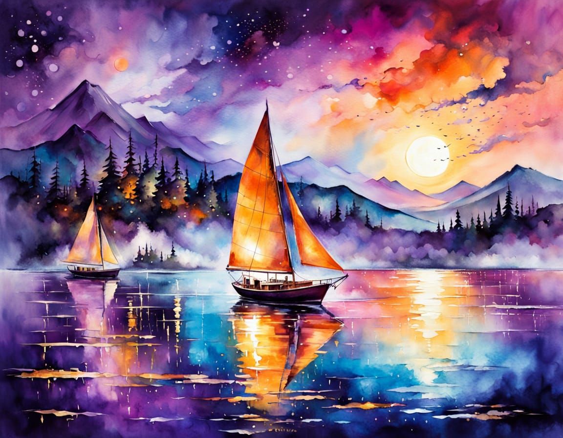 Sunset Sailboat Under Exploding Stars: Digital Art