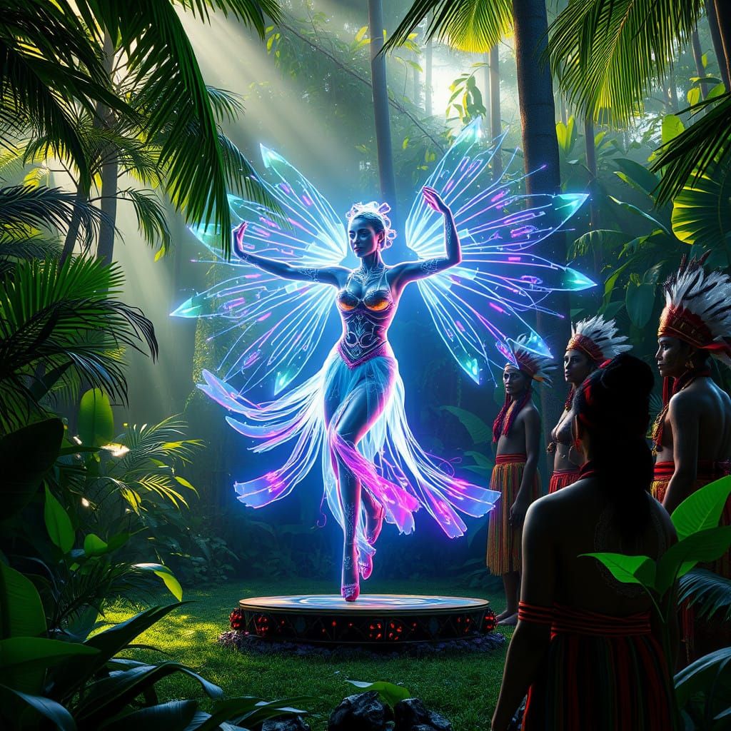 A holographic dancer, appearing as a glowing, translucent fi...
