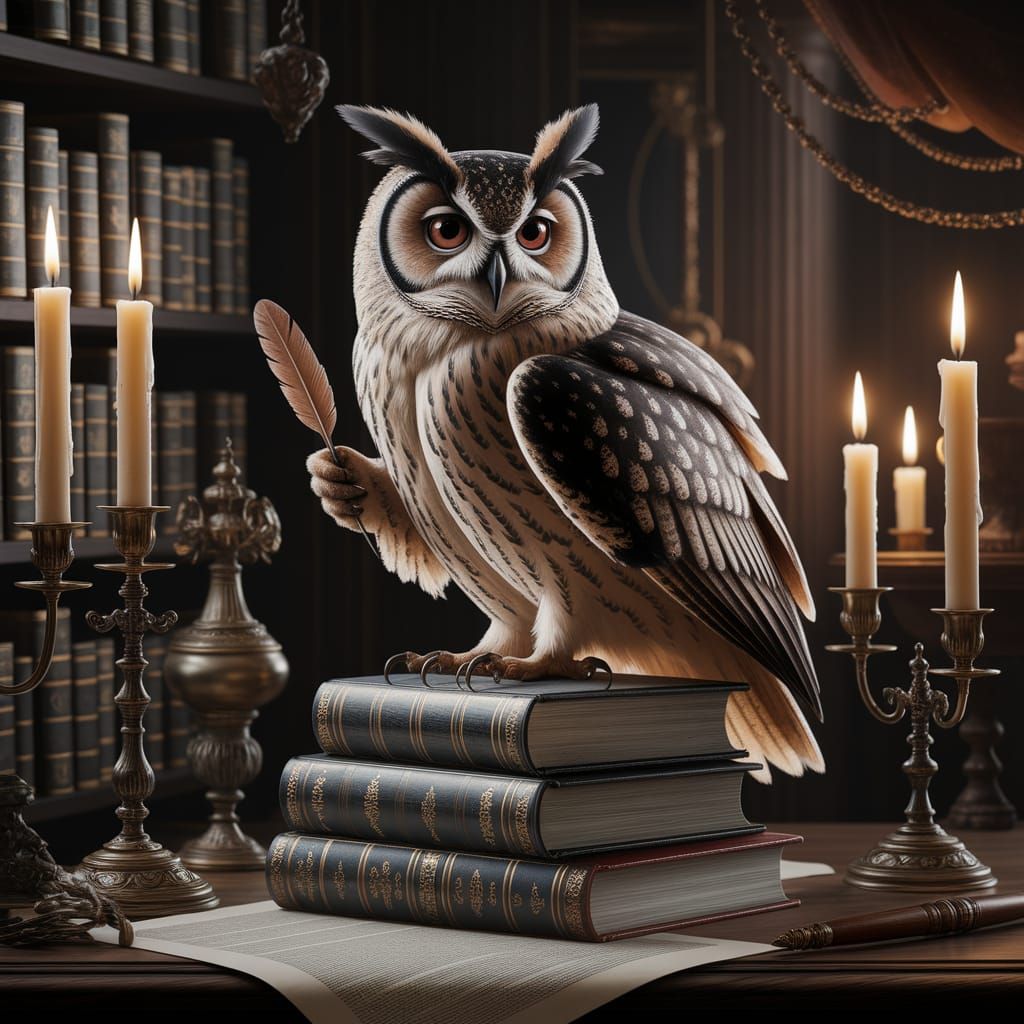 Wise Owl in Antique Library: Renaissance Painting