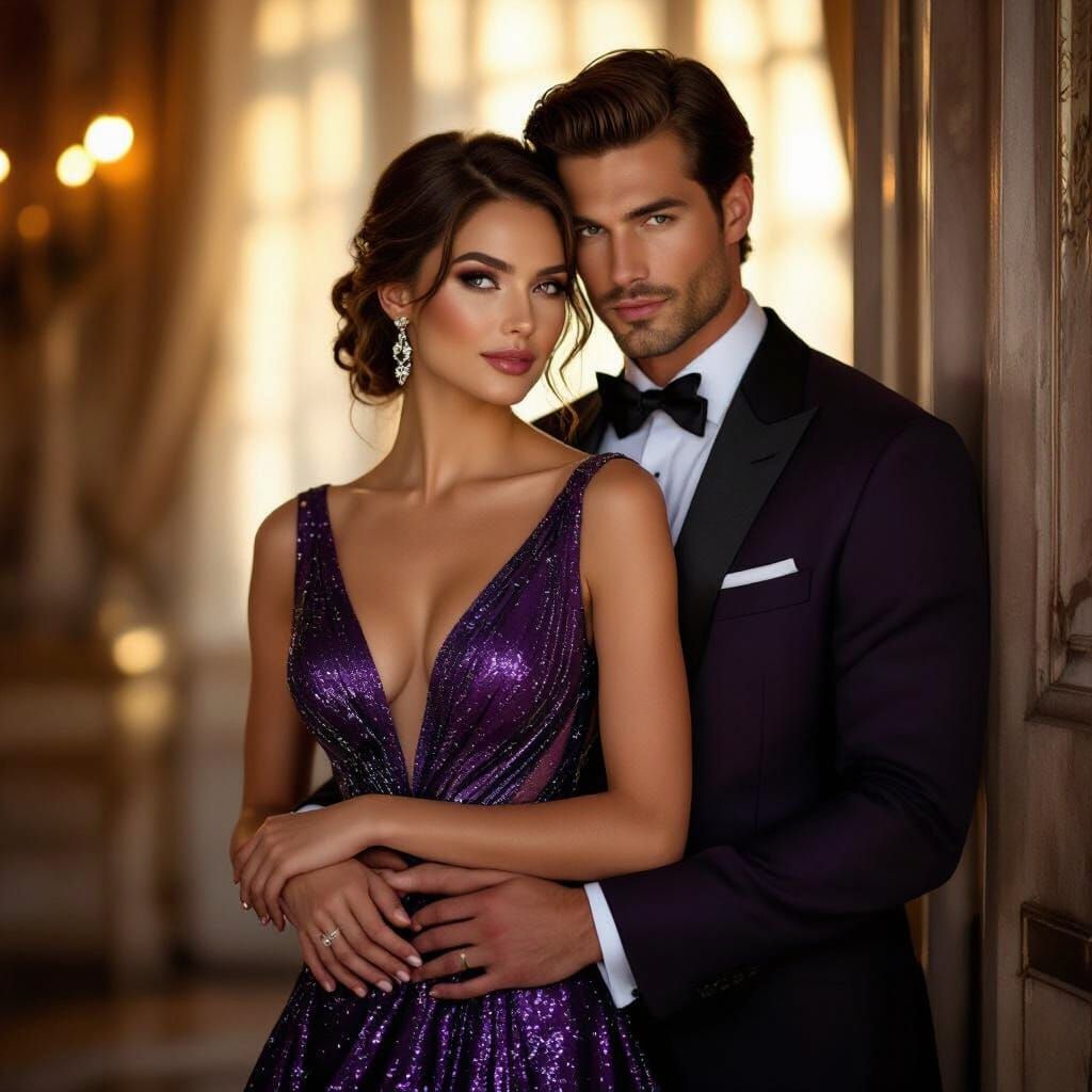Couple Embracing in Sparkling Purple Evening Wear