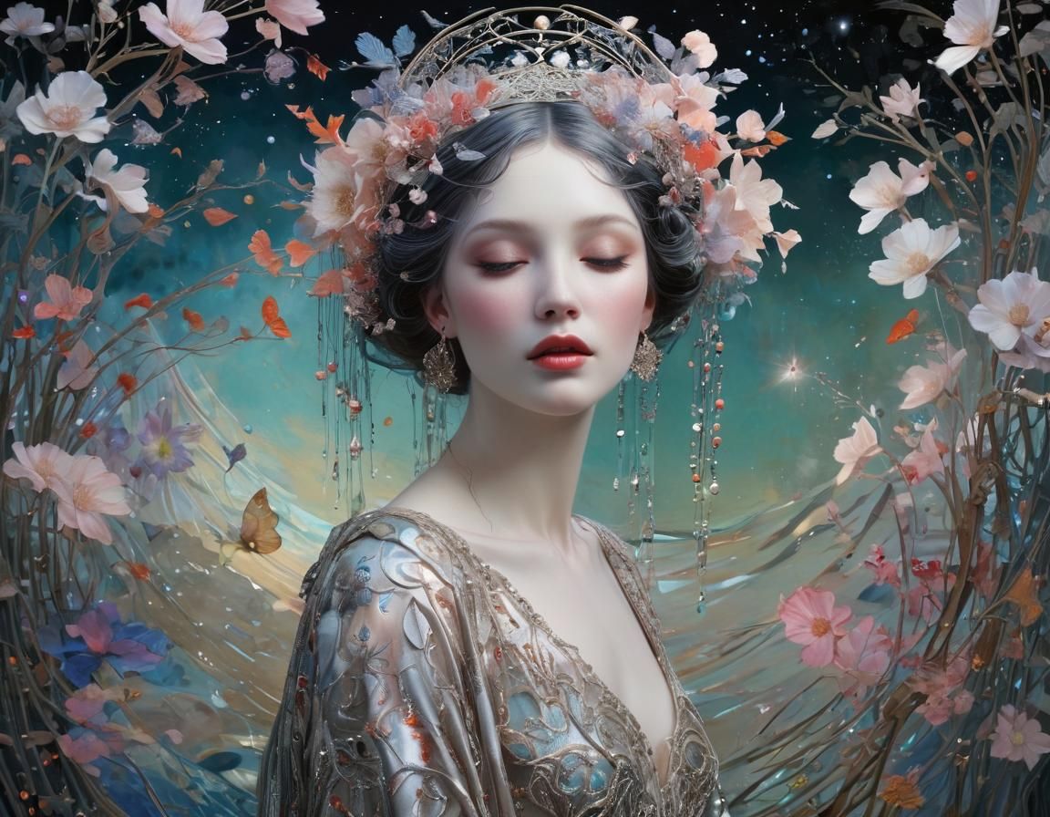 Iridescent Moonlight Nature Scene in Art Nouveau Style