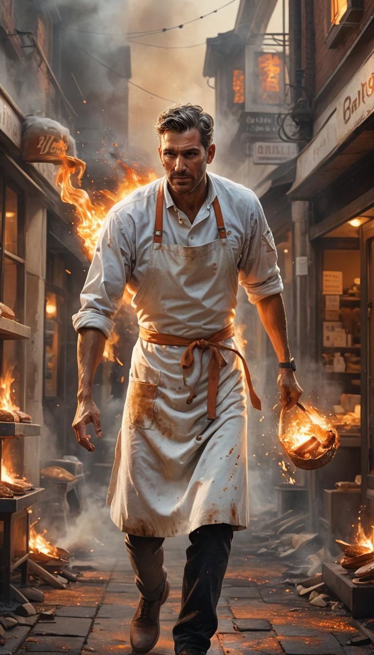 Baker Emerges from Burning Bakery: Photorealistic Concept Ar...