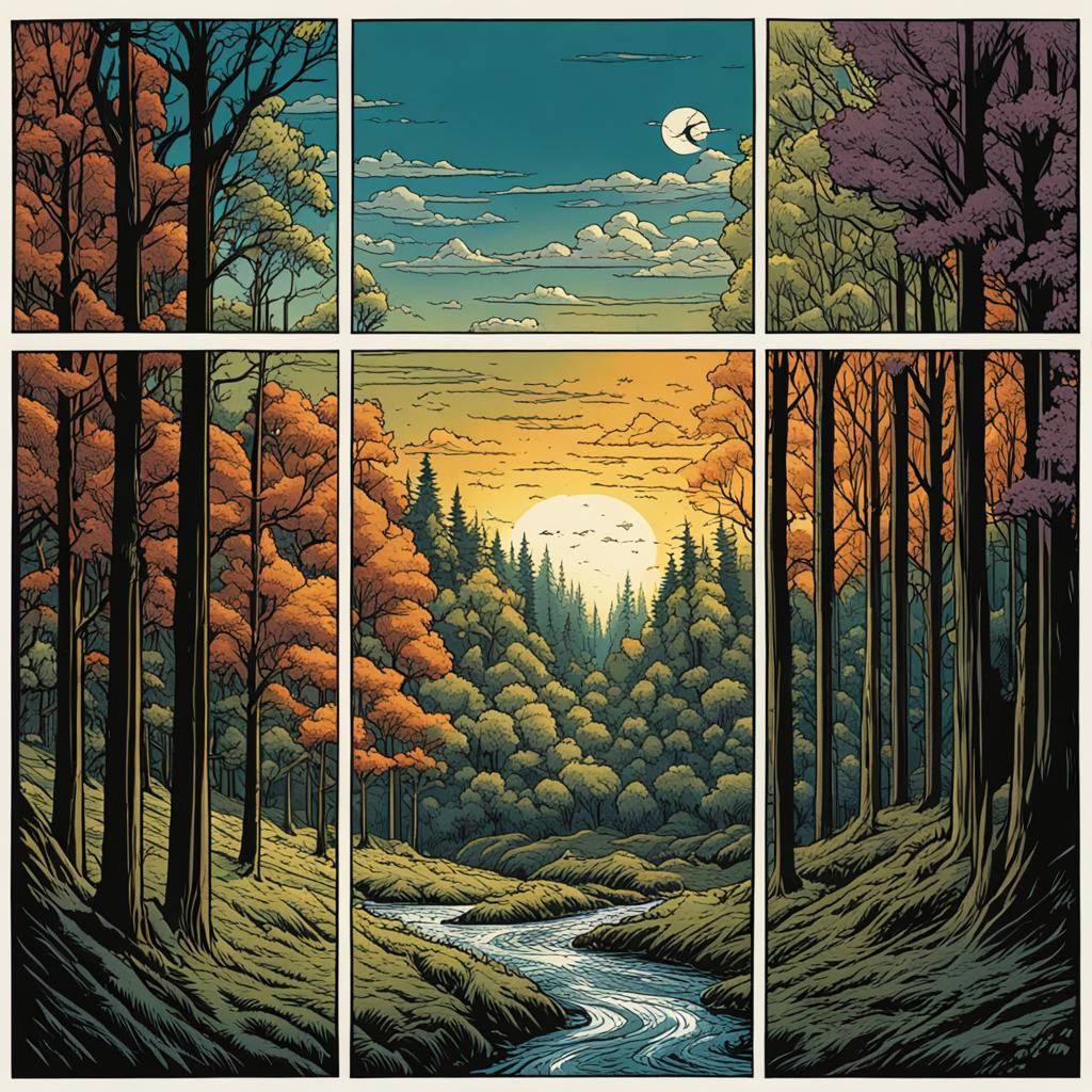 Four Seasons Forest Woodcut, Comic Book Art