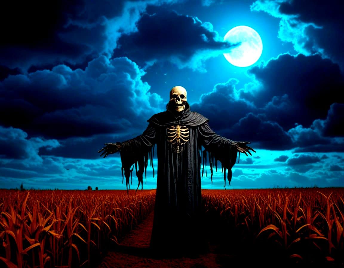 Macabre Scarecrow in Moonlit Cornfield Halloween Maze