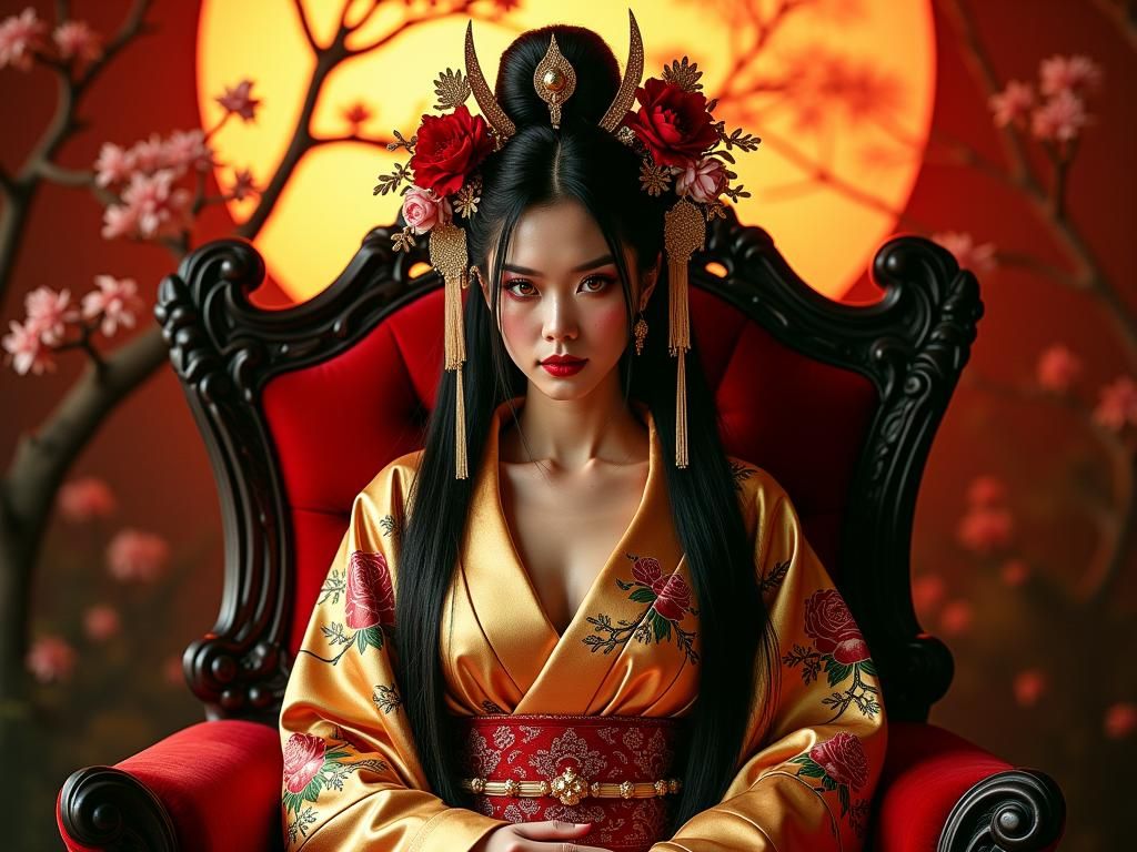 Demon Oiran in Gold Kimono with Glowing Eyes