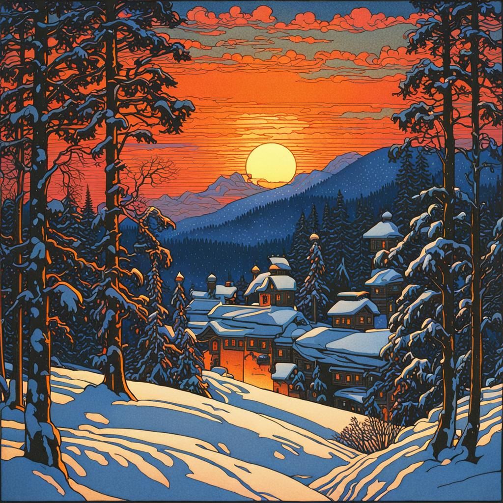 Fairytale Winter Sunset Illustration