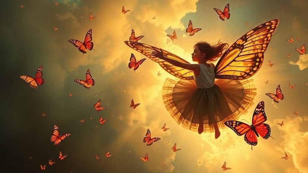 Girl Flying with Butterflies: Detailed Matte Painting