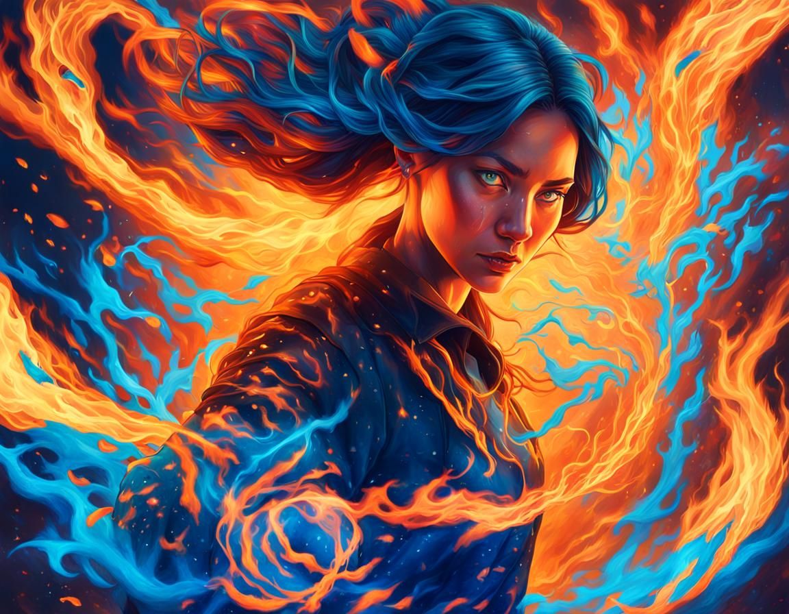 Woman Firebending Blue Flames in Splash Art Style