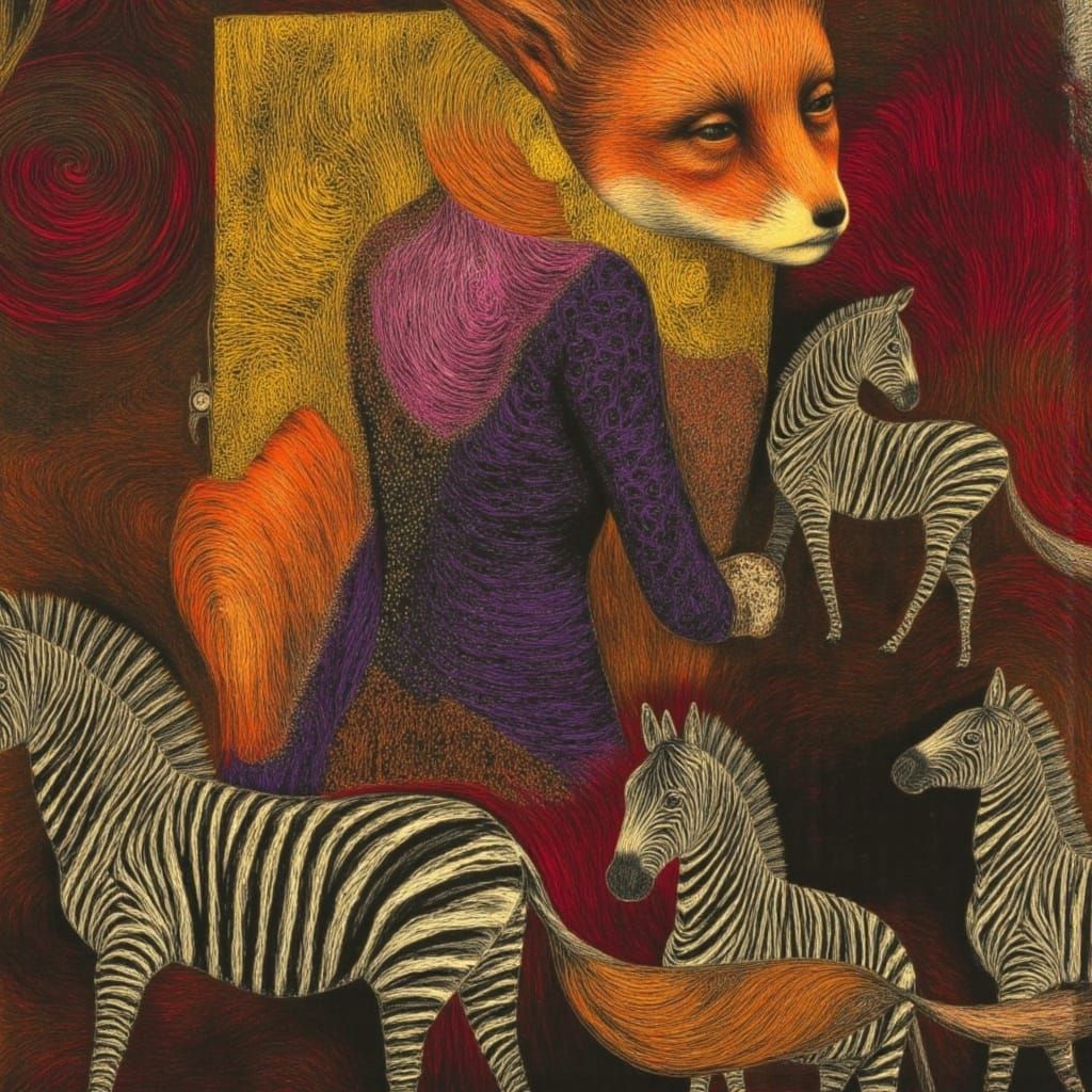 Fox in Theatre with Zebras, Surreal Mixed Media Art