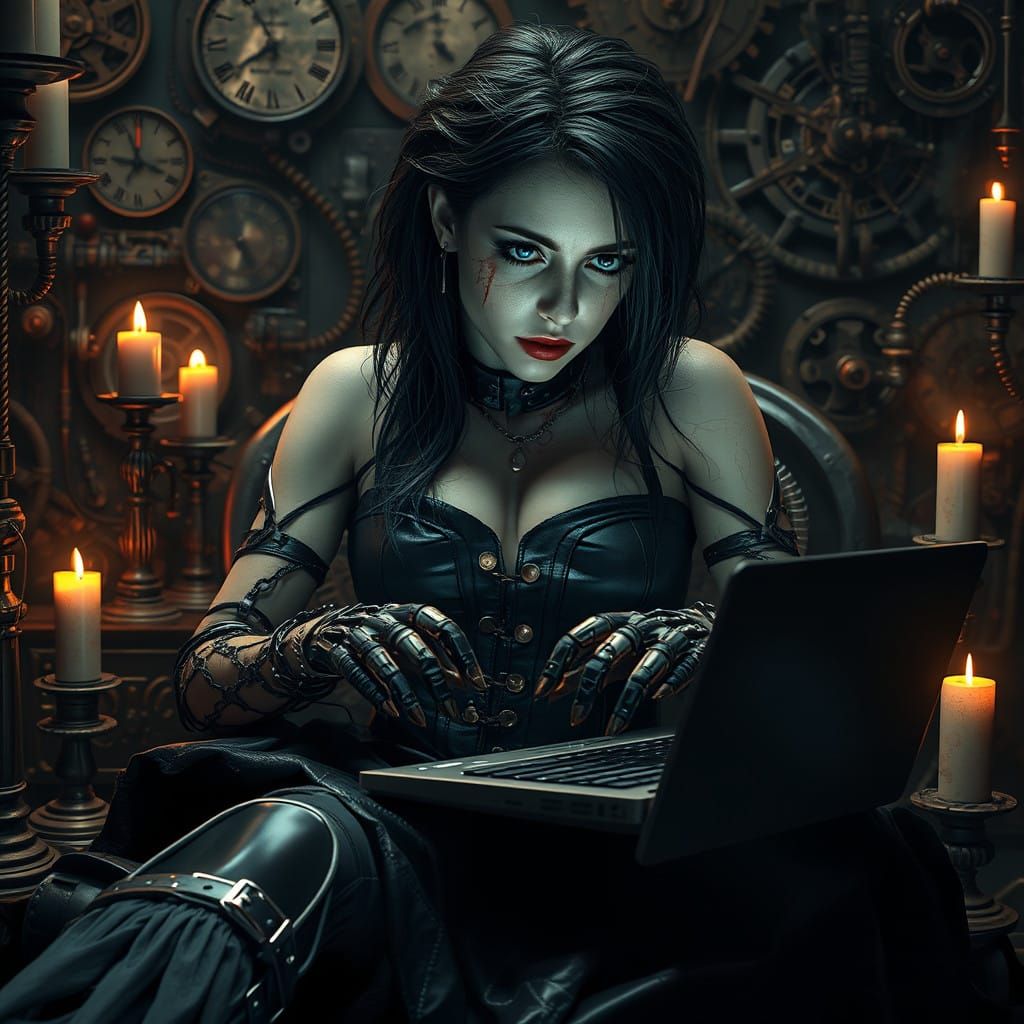 Cyborg Woman in Gothic Steampunk Attire, Typing on Steam-Pow...