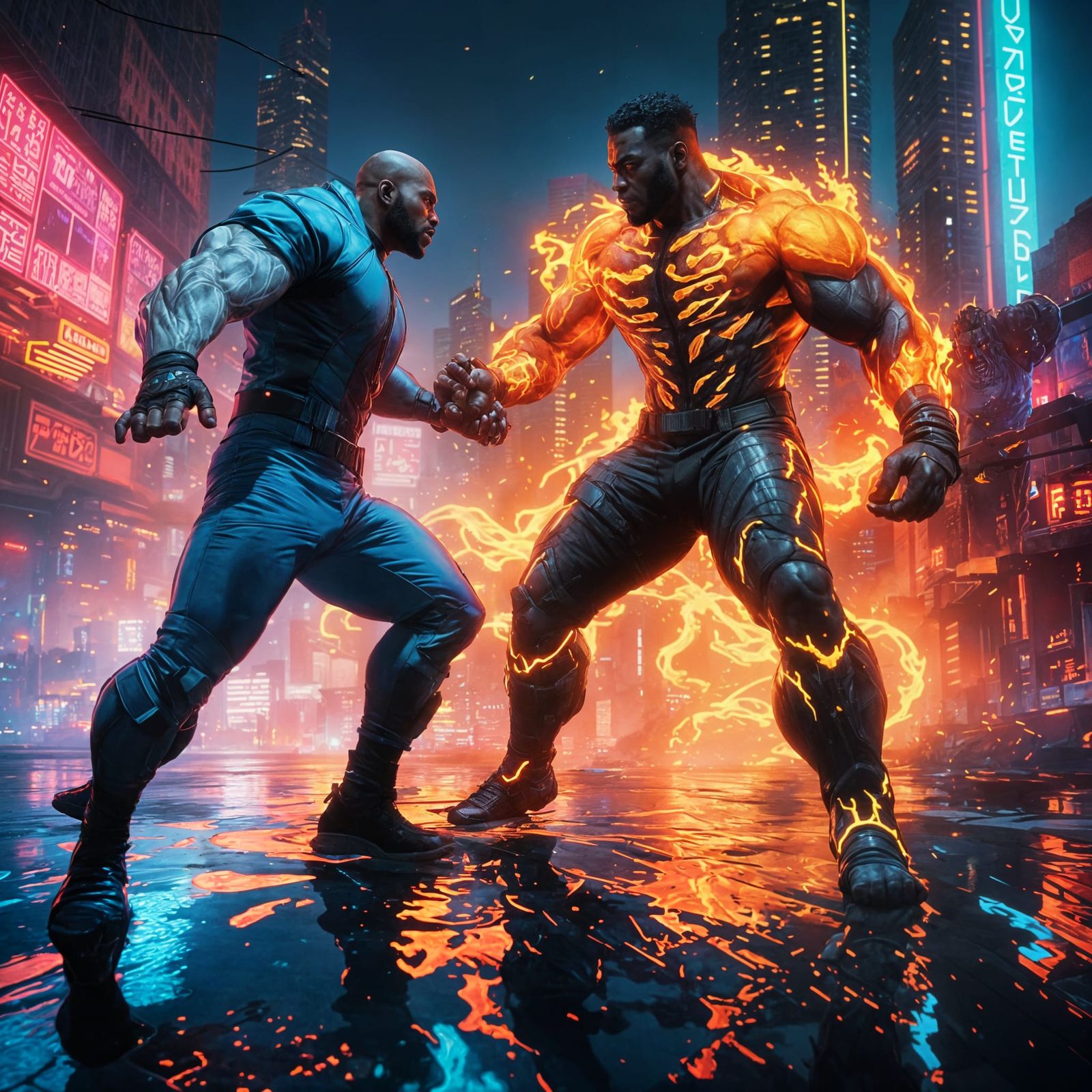 Cyberpunk Superhero Battles Fiery Beast in Neon City