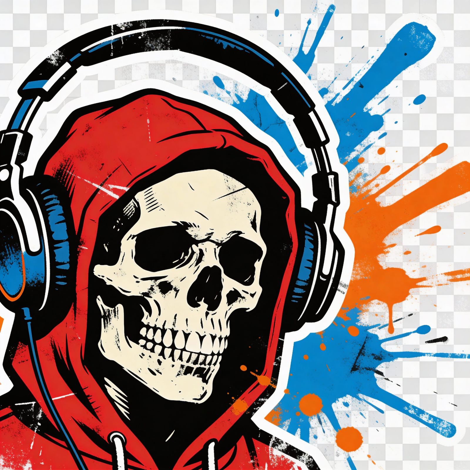 Graffiti Skull Sticker in Red Hoodie with Paint Splatters