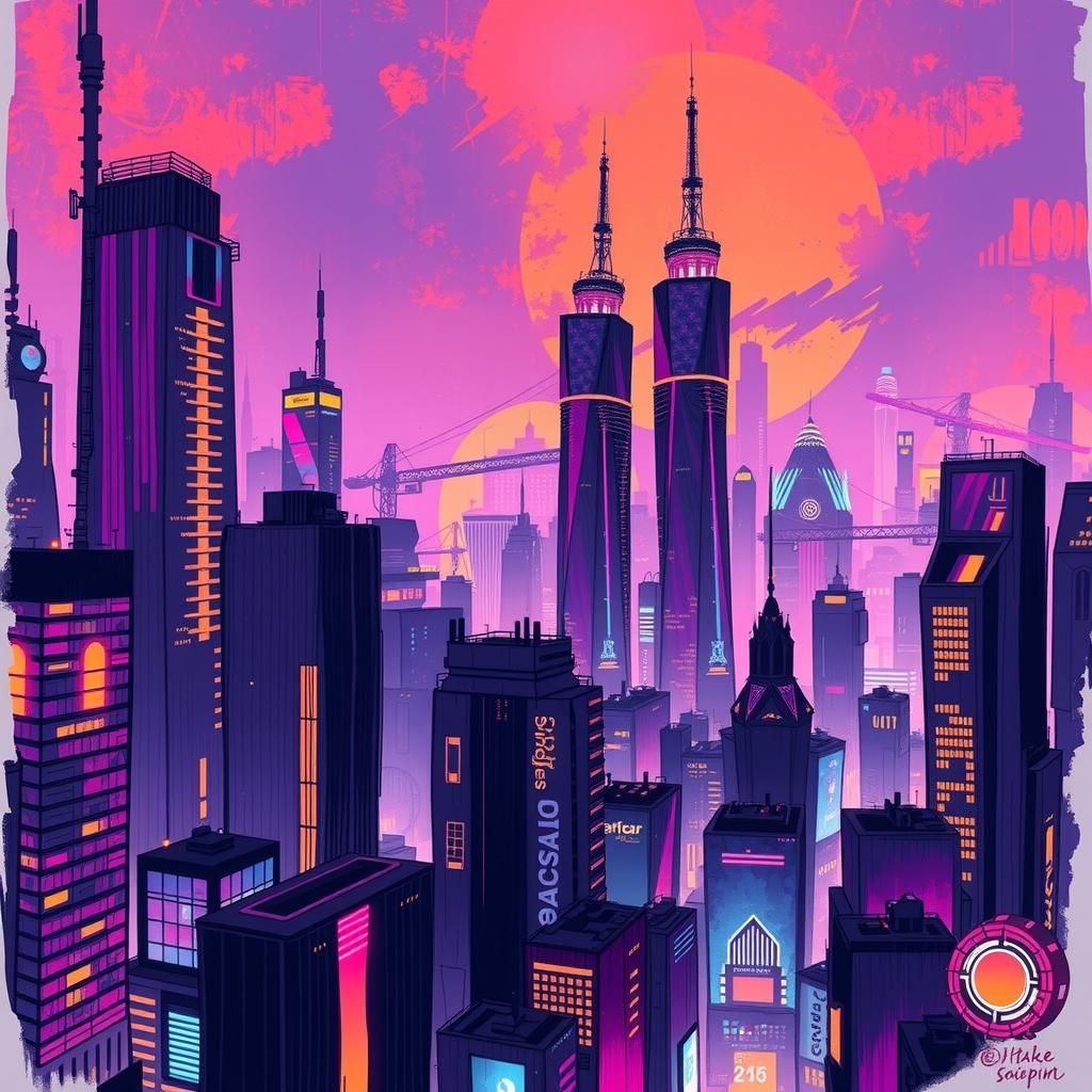 Vibrant Cyberpunk Cityscape in Digital Drawing Style