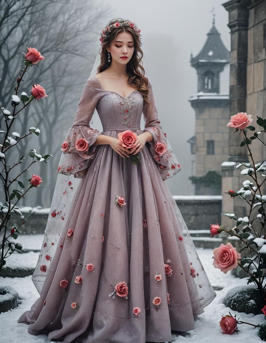 Foggy Snowy Scene with Gown and Rose