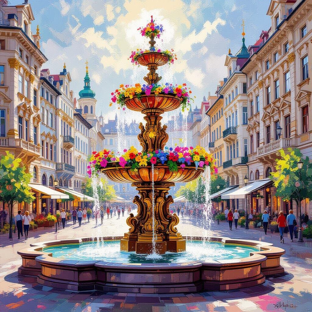 Baroque Fountain Bursting With Impressionistic Flowers in Ci...
