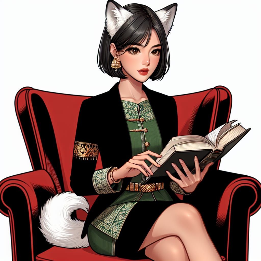Thai Woman with Wolf Features Reading a Book