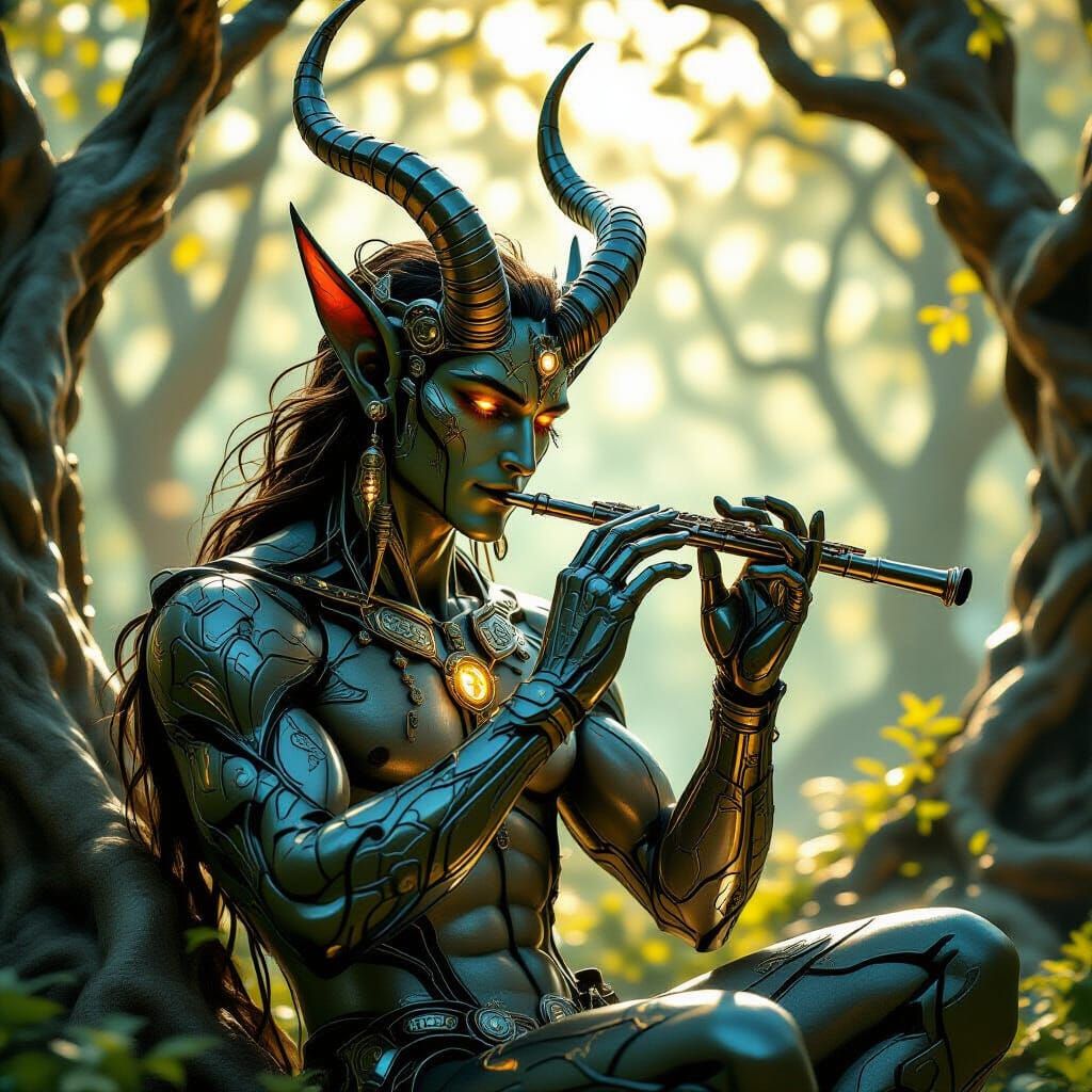 Cybernetic Satyr in Glowing Grove, Art Nouveau Cyberpunk