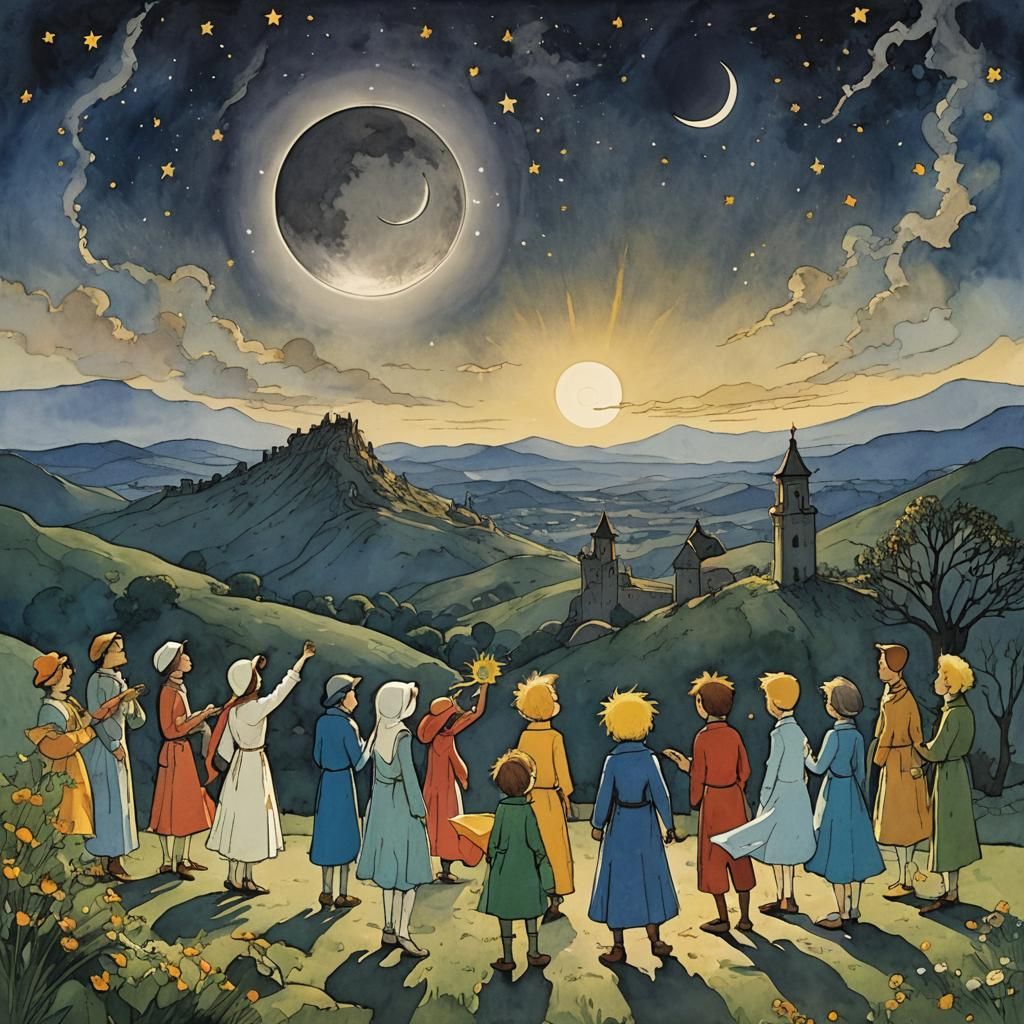 Solar Eclipse Witnessed by The Little Prince, Gouache Style