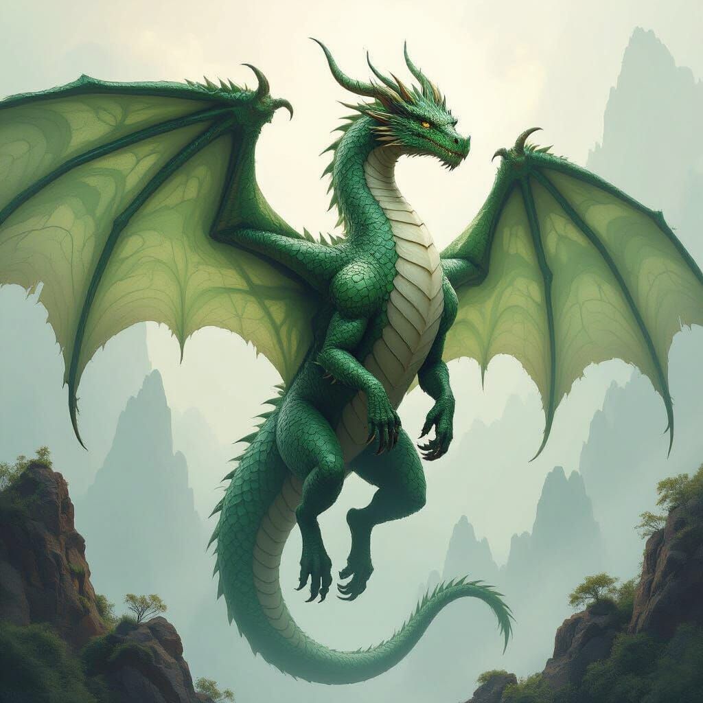 Jade Dragon Soaring in a Retro-Futuristic Landscape