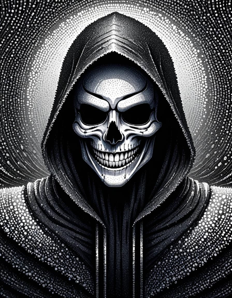 Reaper with Cheshire Grin in Virtual Pointillist Style
