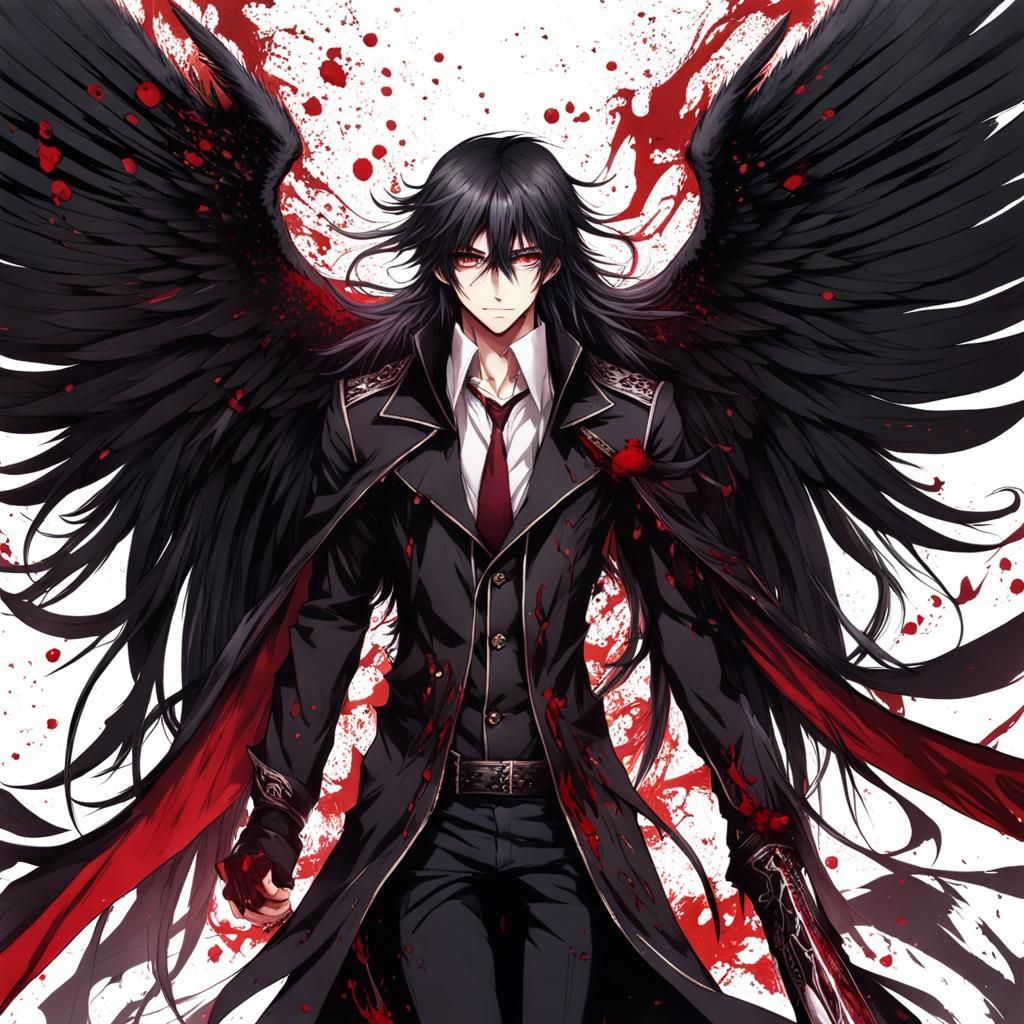 Bloody Male Angel with Black Wings in Anime Style