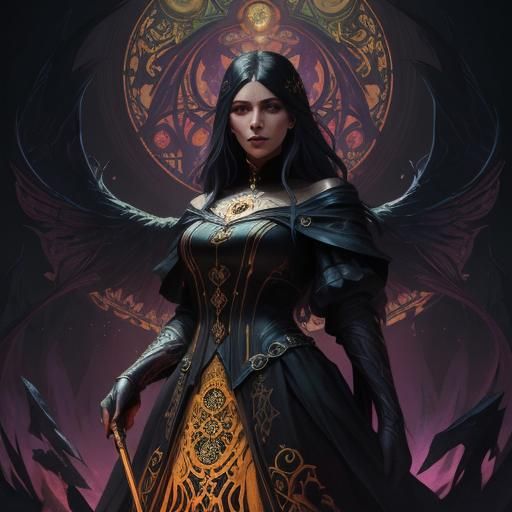 Mystical Sorceress in Dark Fantasy Art Nouveau Style